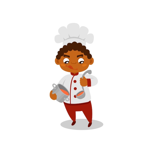 Vector afroamerican kid holding saucepan and ladle spoon with soup little boy in chef uniform future profession cartoon child character colorful flat vector illustration isolated on white background