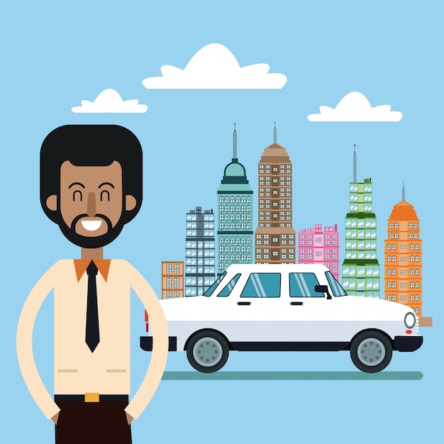 Vector afroamerican man and car city background