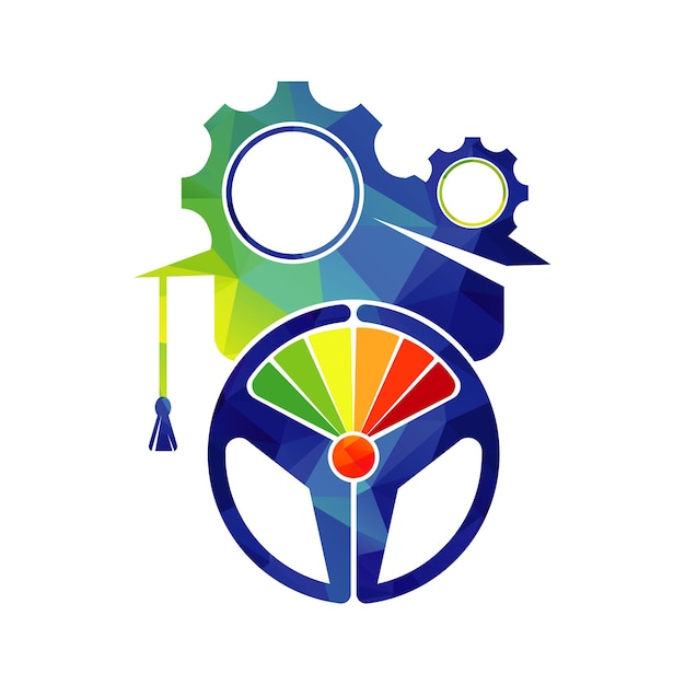 Afstudeerpet Met stuurwiel en tandwielpictogram Logo voor technisch onderwijs