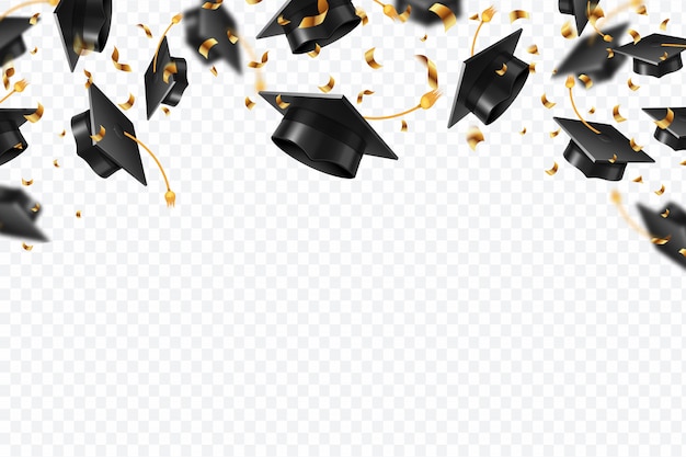 Afstuderen caps confetti. Vliegende studentenhoeden met gouden linten. Universiteit, hogeschool onderwijs achtergrond