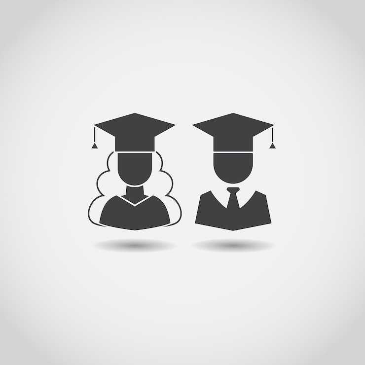 Vector afstuderen man en vrouw onderwijs studenten klasse school universiteit succes carrière pictogram afgestudeerden man en meisje in afstudeerhoeden vector pictogram