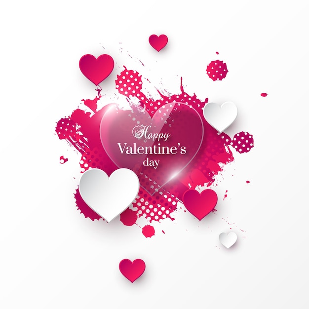 Aftelkalender voor valentijnsdag met glanzende, papieren harten en aquarel splash.