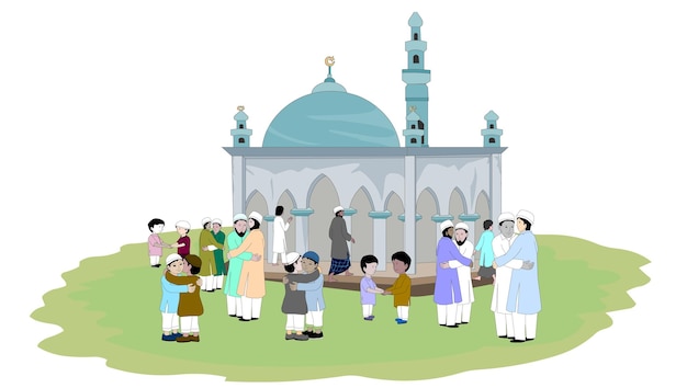 모스크에서 Eid 기도 후 무슬림들은 포옹을 하고 있습니다.