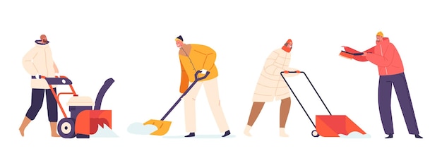 Vector after a fresh snowfall a dedicated characters diligently shovel driveway or house yard with snow blowers and shovels creating a clear path amidst white landscape cartoon people vector illustration