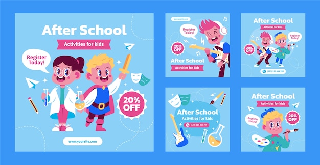 After school activities hand drawn flat marketing pack ig post collection