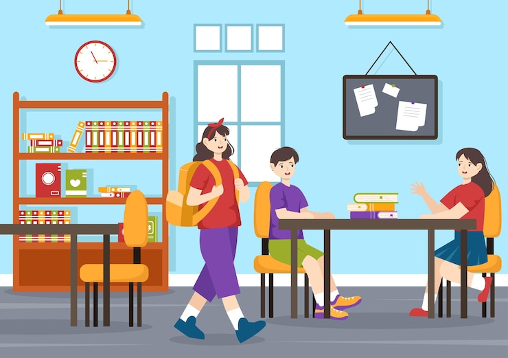 Vector 授業 や プログラム の 後,生徒 たち が 学校 の 建物 を 離れ,家 に 戻る と いう 絵