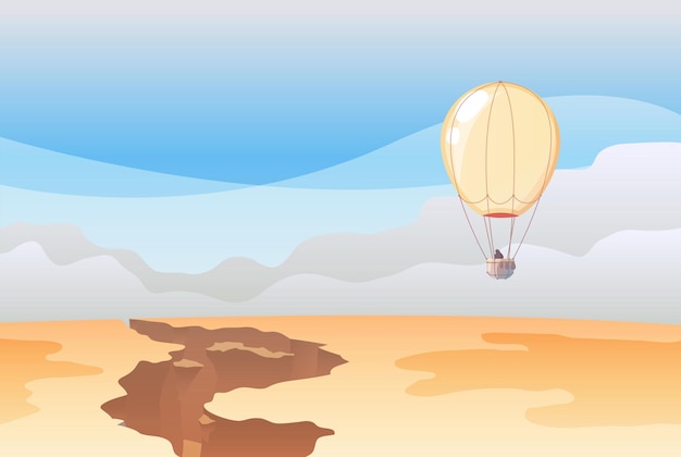 Afternoon landscape with yellow balloon in dessert, canyon, blue sky, flat illustration