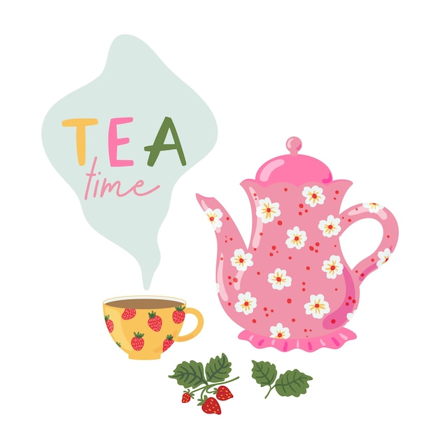 Vector afternoon tea time card tea cup and teapot vector illustration porcelain crockery with tea time phrase isolated on white background decorative dishware with hot drink english breakfast beverage