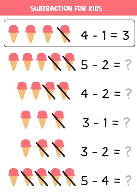 Aftrekken met cartoon ijsje. math-werkblad voor kinderen. objecten leren aftrekken. elementaire algebra voor kleuters.