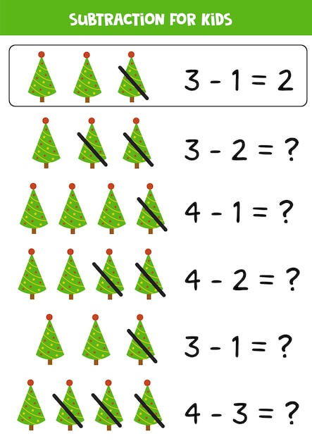 Aftrekken spel voor kinderen. trek kerstbomen af. educatief wiskunde-werkblad.