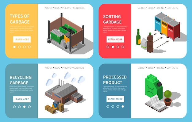 Vector afval sorteren bakken vuilnis verzamelen recycling verwerking info website sjabloon geïsoleerd