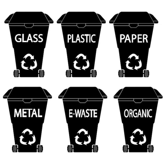 Afvalbak. zwarte prullenbak. glyph vuilnisbak. set van zwarte vuilnisbakken met gesorteerd afval op witte achtergrond. verschillende soorten afval in glyph-stijl: organisch, plastic, metaal, papier, glas, e-waste.