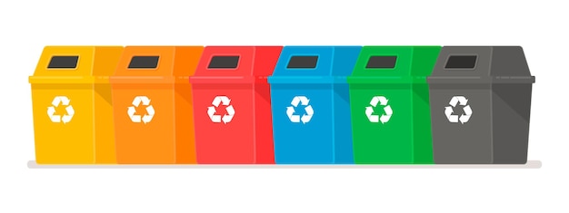 Afvalcontainers. het concept van afvalsortering. veelkleurige tanks met elk hun eigen soort afval.