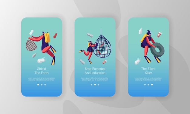 Afvalstoffen die in oceaanwater drijven. ecologiebescherming mobiele app-pagina schermset aan boord