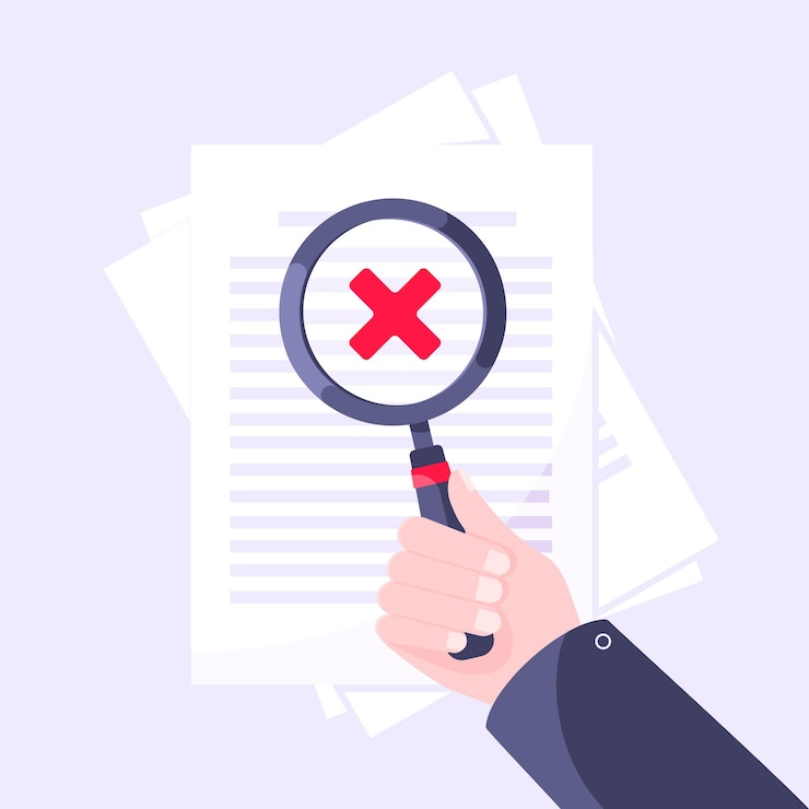 Vector afwijzing van het documentverificatieconcept met hand- en vergrootpapierbladen