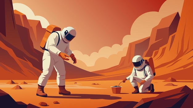 Vettore sullo sfondo di un vasto canyon sterile una squadra di astronauti raccoglie attentamente campioni del