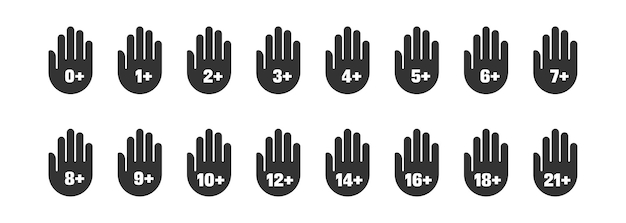 Age restriction black flat icons set Age limit symbol Hand with age restriction High quality vector illustration