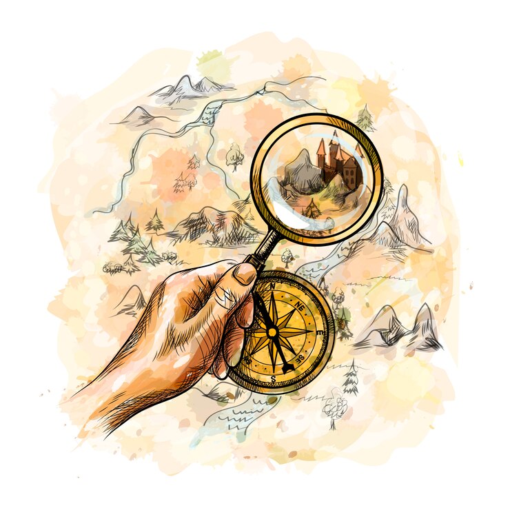 Vector aged antique nautical compass and hand holding magnifying glass with treasure map from a splash of watercolor, hand drawn sketch.  illustration of paints