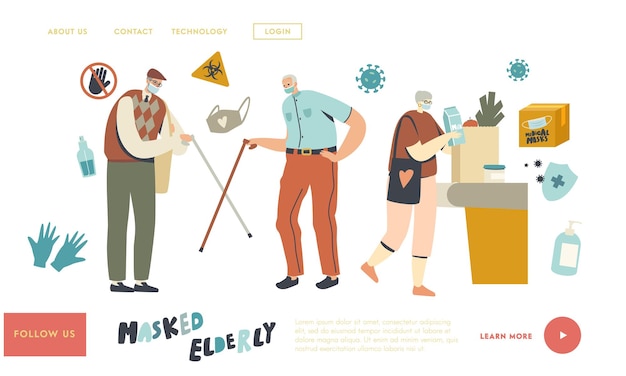 Aged friends non-contact greet landing page template. senior characters in mask and greeting each other with walking canes during coronavirus epidemic, visit grocery. linear people vector illustration