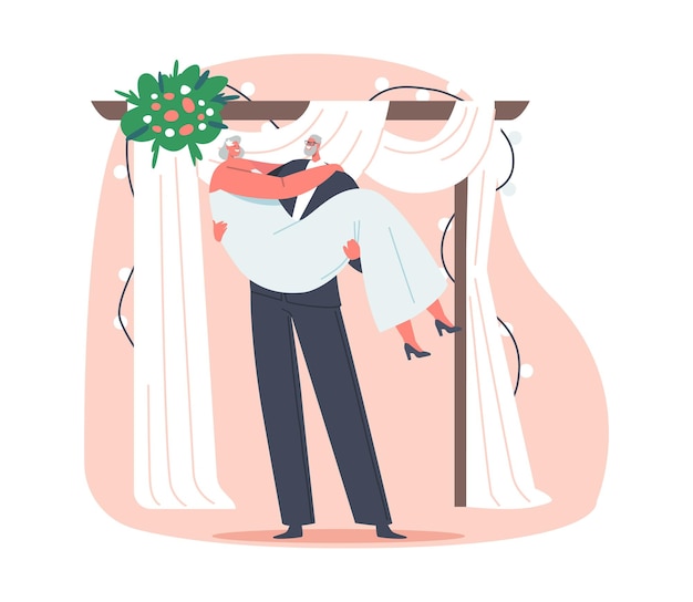 Aged Groom Holding Bride on Hands under Floral Arch during Wedding Ceremony Senior Newlywed Couple Characters Get Married Happy Elderly Bridal Man and Woman Love Cartoon People Vector Illustration