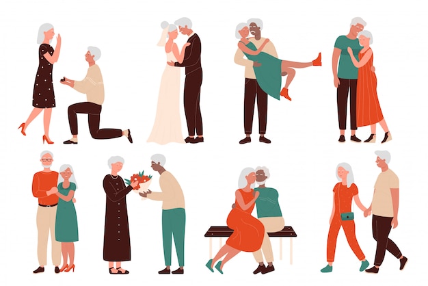 Aged happy loving couples character flat concept vector illustration set. senior men and women time together, marriage proposition, wedding, sitting in hug on bench, walking hand in hand