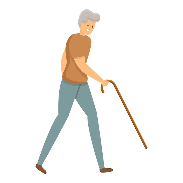 노인 걷는 막대기 아이콘 흰색 배경에 고립 된 웹 디자인을 위한 노인 걷는 막대기 벡터 아이콘의 만화