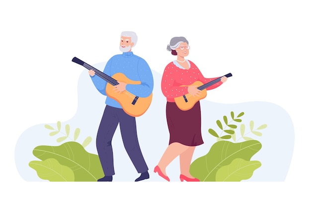 Aged man and woman playing acoustic guitars