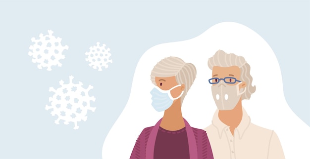 Vector aged man and woman wearing disposable medical masks