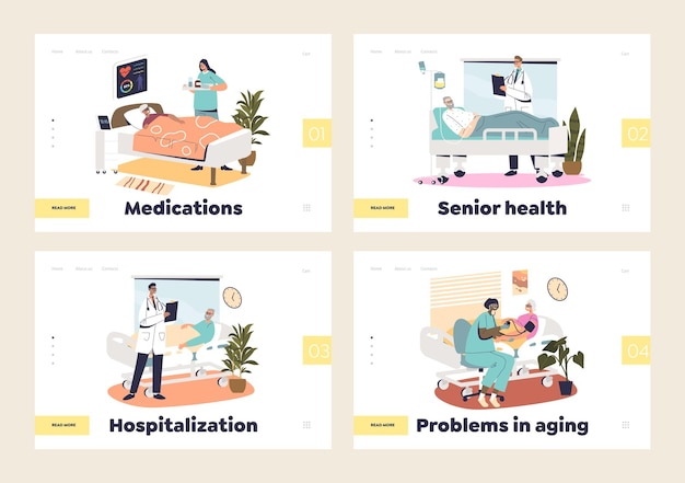 Aged people hospitalization and treatment in hospital concept of landing pages with senior patients