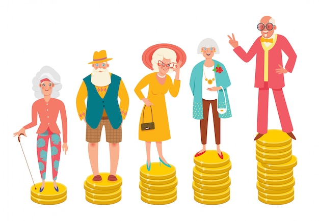 Вектор В возрасте людей, стоящих на кучах разной высоты монет. разница в пенсиях, благосостояние, пенсионный возраст, старение населения. современная иллюстрация.