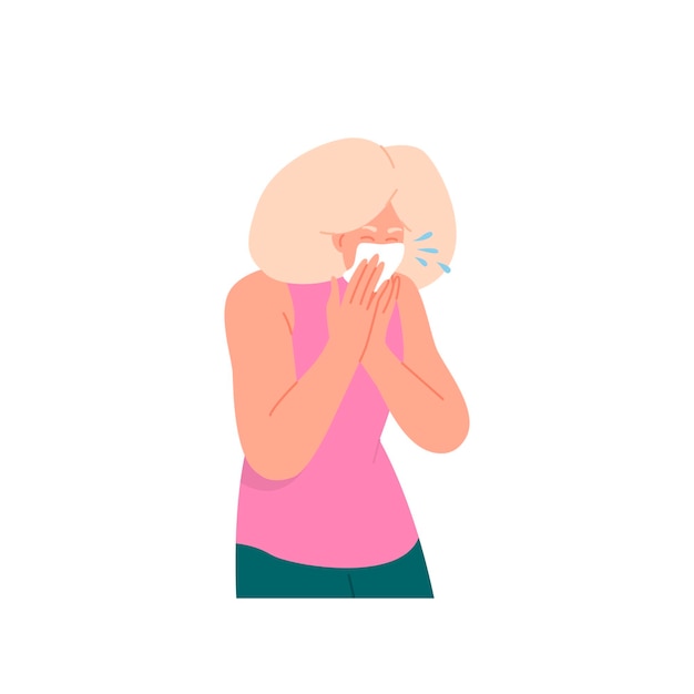 Vector aged sick woman cartoon character sneezing into handkerchief preventing viral infection spreading