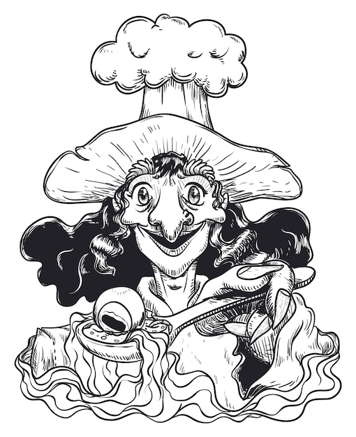 Aged witch wearing a chef hat cooking a special concoction made with eye legs and magic ingredients