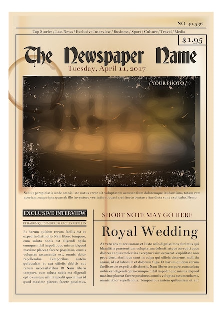 Vector aged yellow newspaper template vintage front page