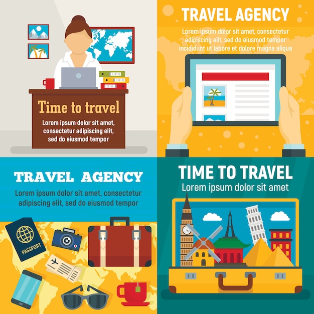 Agency travel banner set. Flat illustration of agency travel