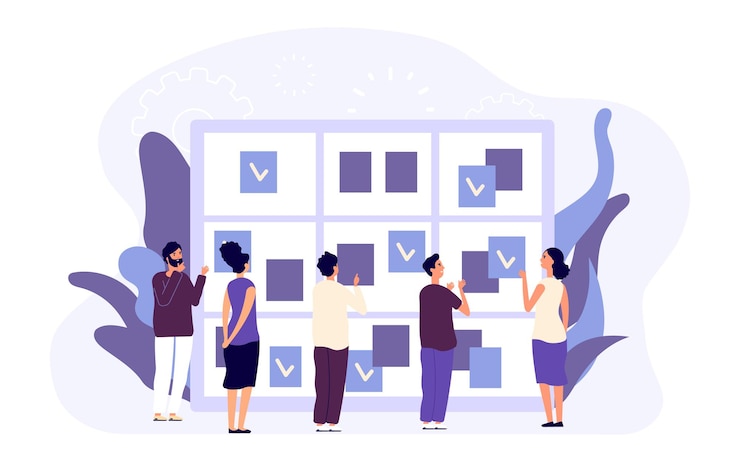 Vector agenda concept. work planning, people assign work goals. flat business appointment schedule. male female business characters time management. illustration business agenda, schedule work appointment