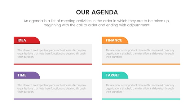 Agenda infographic concept voor diapresentatie met 4-punts lijst en grote horizontale doos