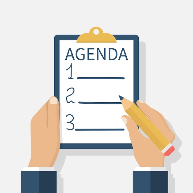 Agenda list. Vector illustration, flat design. Man holds a clipboard to do list. Checklist. Scheduling, planning.