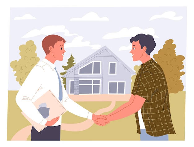 Vector agent and man shake hands on a real estate transaction