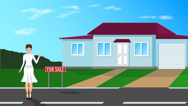 Agent woman and house for sale cartoon background