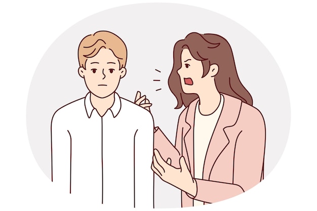 공격적이고 짜증나는 여자가 피곤하고 지루한 남편에게 소리를 지르며 분노하는 화난 아내가 비명을 지른다