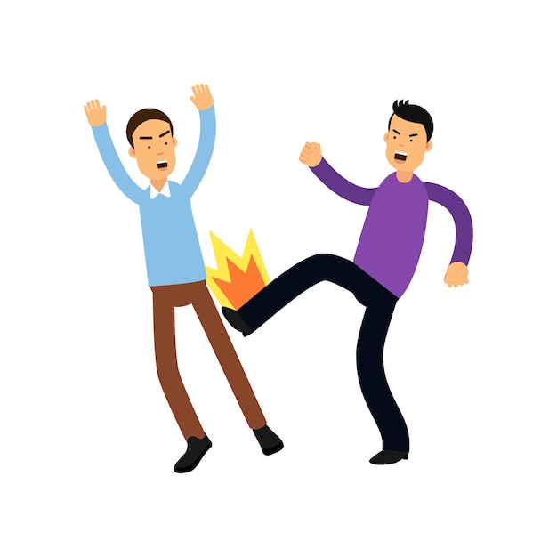 Premium Vector | Aggressive bully in high kick pose beats weak man. angry face expression. bad behavior. negative emotions. cartoon people characters. vector illustration in flat style isolated on white background. Premium Vector | Aggressive bully in high kick pose beats weak man. angry face expression. bad behavior. negative emotions. cartoon people characters. vector illustration in flat style isolated on white background.