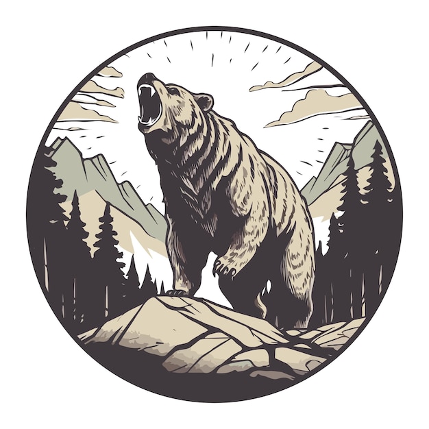 Aggressive grizzly bear on a wild nature background Tshirt print badge design vector illustration