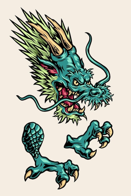 Aggressive japanese dragon parts concept with scary head and claws in vintage style isolated