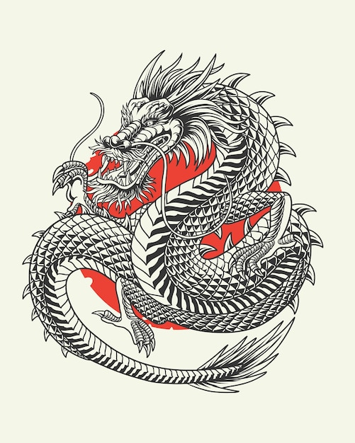 Vector aggressive japanese fantasy dragon concept in vintage monochrome style isolated vector illustration