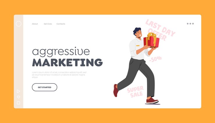 Vector aggressive marketing landing page template persistent promoter character run with gift box eagerly entices customers