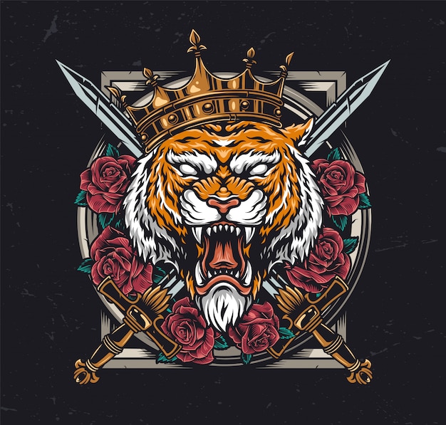 Aggressive tiger head in royal crown