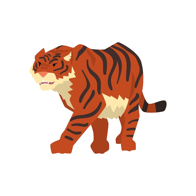 Aggressive tiger walking wild cat predator cartoon vector illustration on a white background