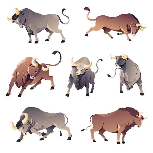 Aggressive wild animals front, back view and profile. isolated corrida bulls, angry ox or buffalo. dangerous wildlife, mascot of power and aggression. character or livestock, vector in flat style