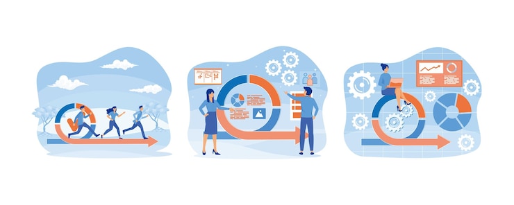 Vector agile development process with running it developers team agile project management and scrum task board agile project management abstract concept set flat vector modern illustration
