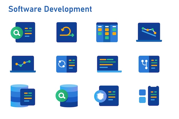 Agile methodologie softwareontwikkeling icoon set verzameling van code programmering met behulp van sprint kanban